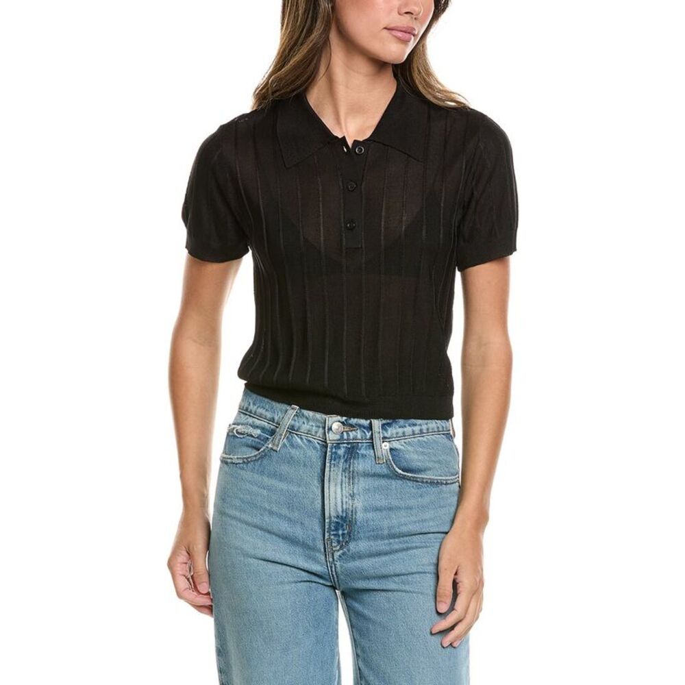 Frame Denim Womens The Ribbed Polo Sweater, Black